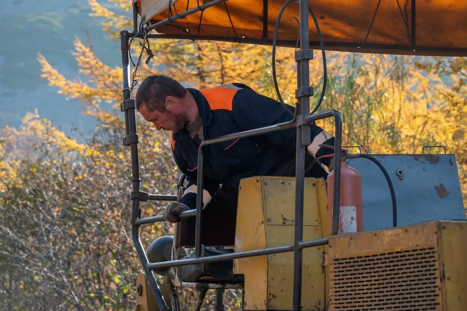 A construction worker in a blue uniform operating heavy machinery outdoors during autumn.