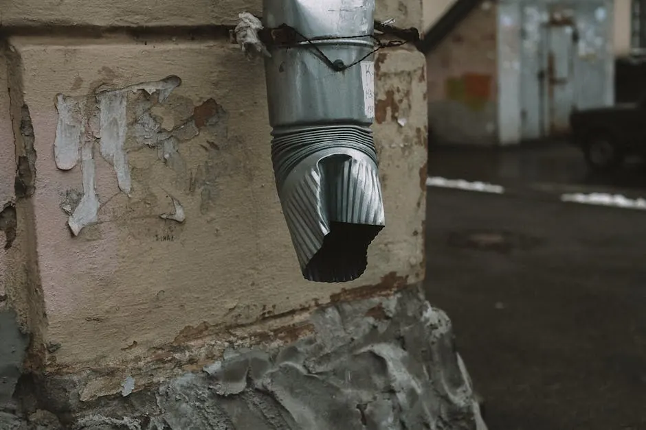A metal drainage pipe with a rustic appearance on an aged wall with flaking paint.