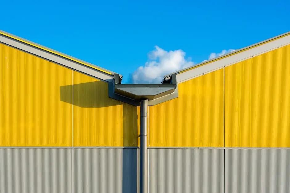Close-up of a vibrant yellow industrial building exterior against a clear blue sky.