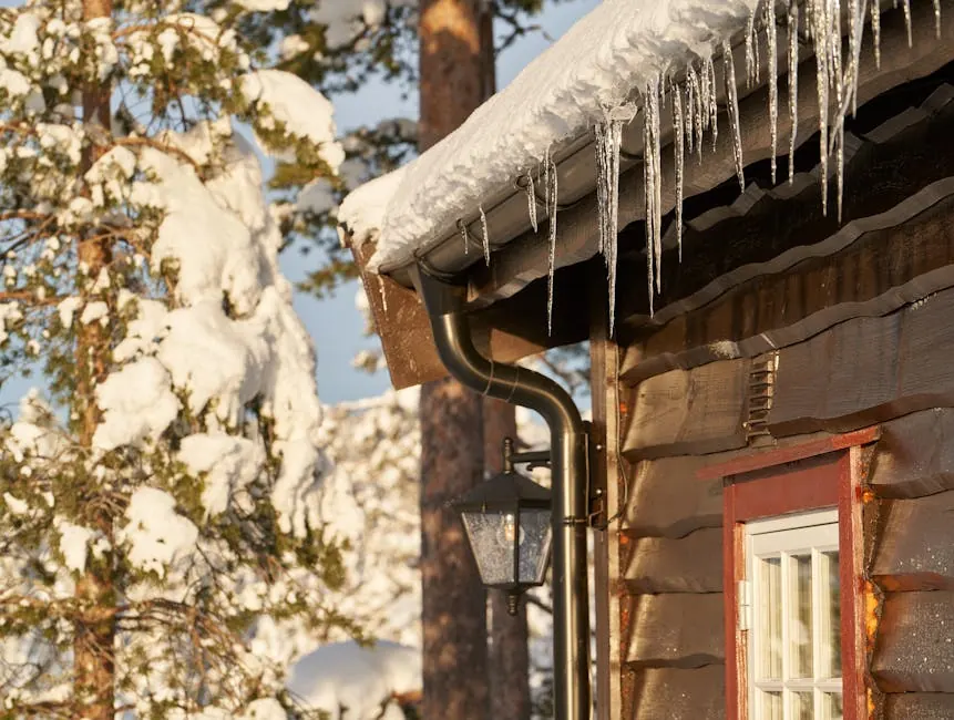 Cozy wooden cabin with icicles on the roof, set in a snowy forest.